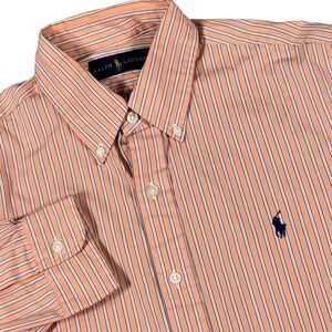 Polo Ralph Lauren‎ Button Down Shirt Mens 15.5 Large Striped Peach Long Sleeve
